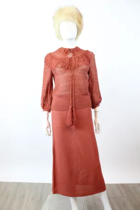 1930s terra cotta KNITWEAR CROCHET sweater and skirt set small medium | new winter