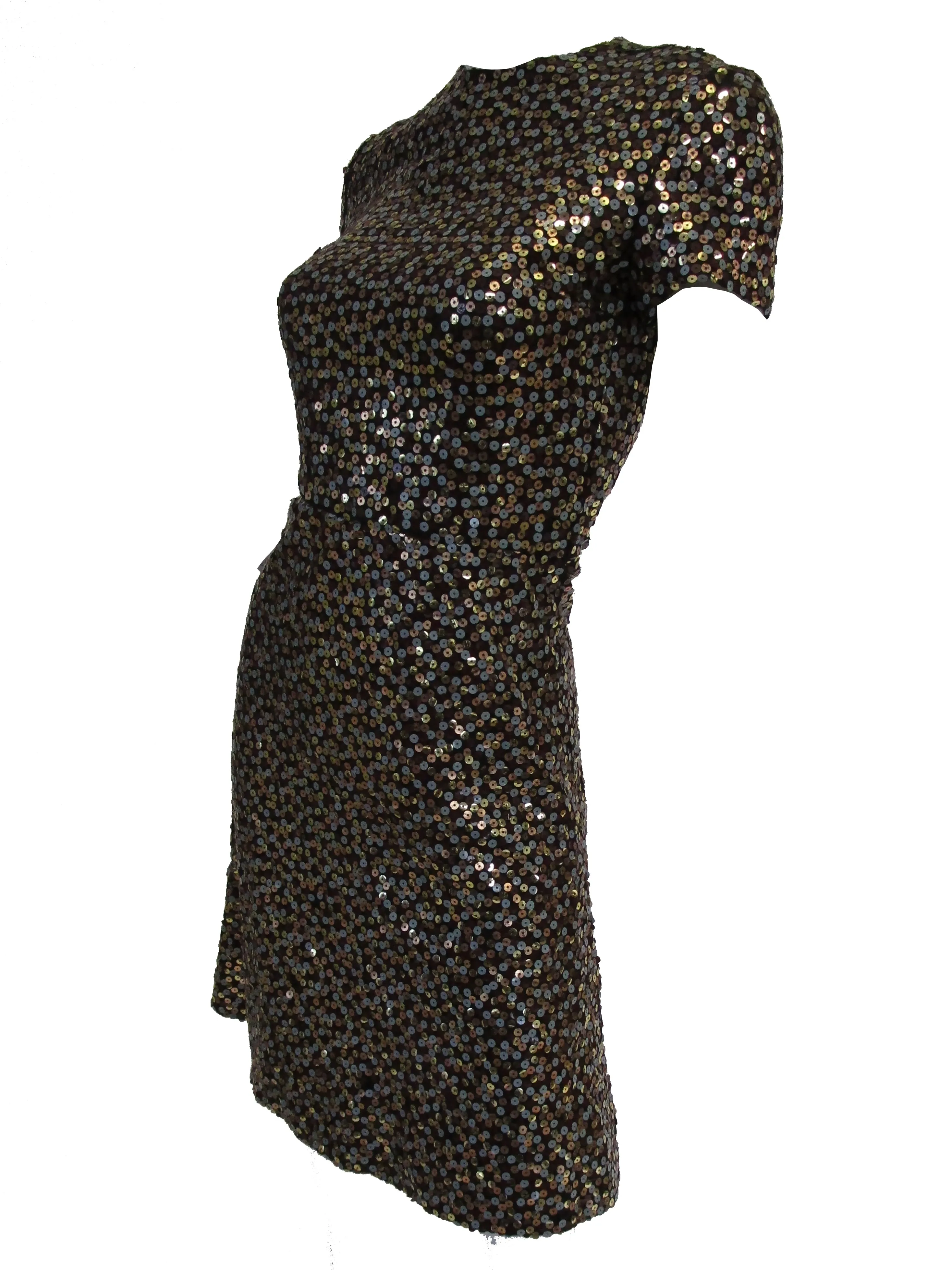 1960s Bill Blass Grey and Gold Sequin Dress with Sequin Lined Jacket XXS