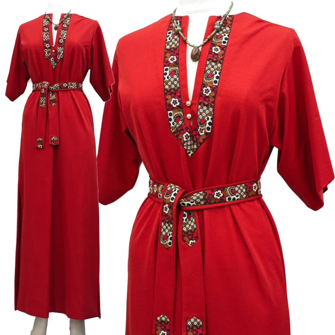 1970s Vintage Red Hostess Kaftan Maxi Dress • With Belt