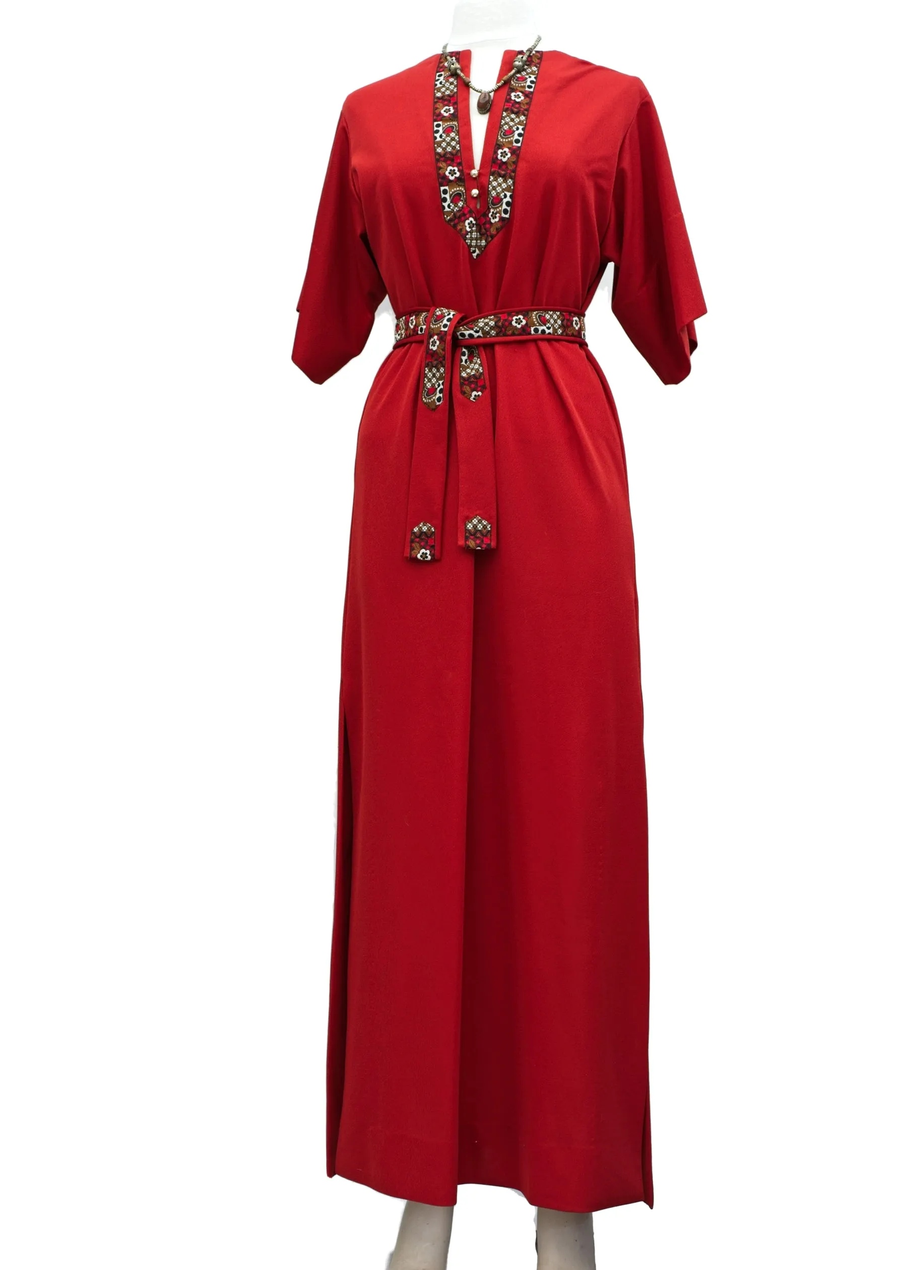 1970s Vintage Red Hostess Kaftan Maxi Dress • With Belt