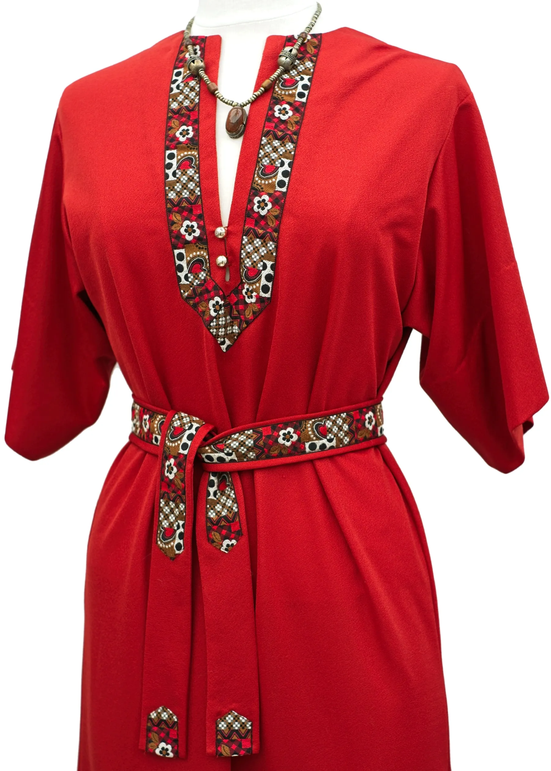 1970s Vintage Red Hostess Kaftan Maxi Dress • With Belt