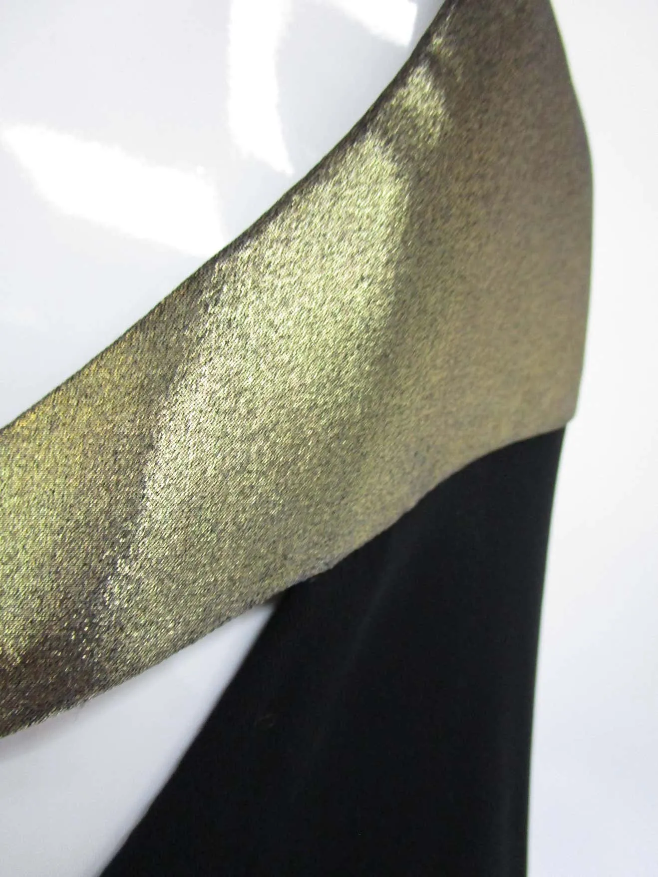 1980s Geoffrey Beene Silk Knit Gold and Black Halter Evening Dress