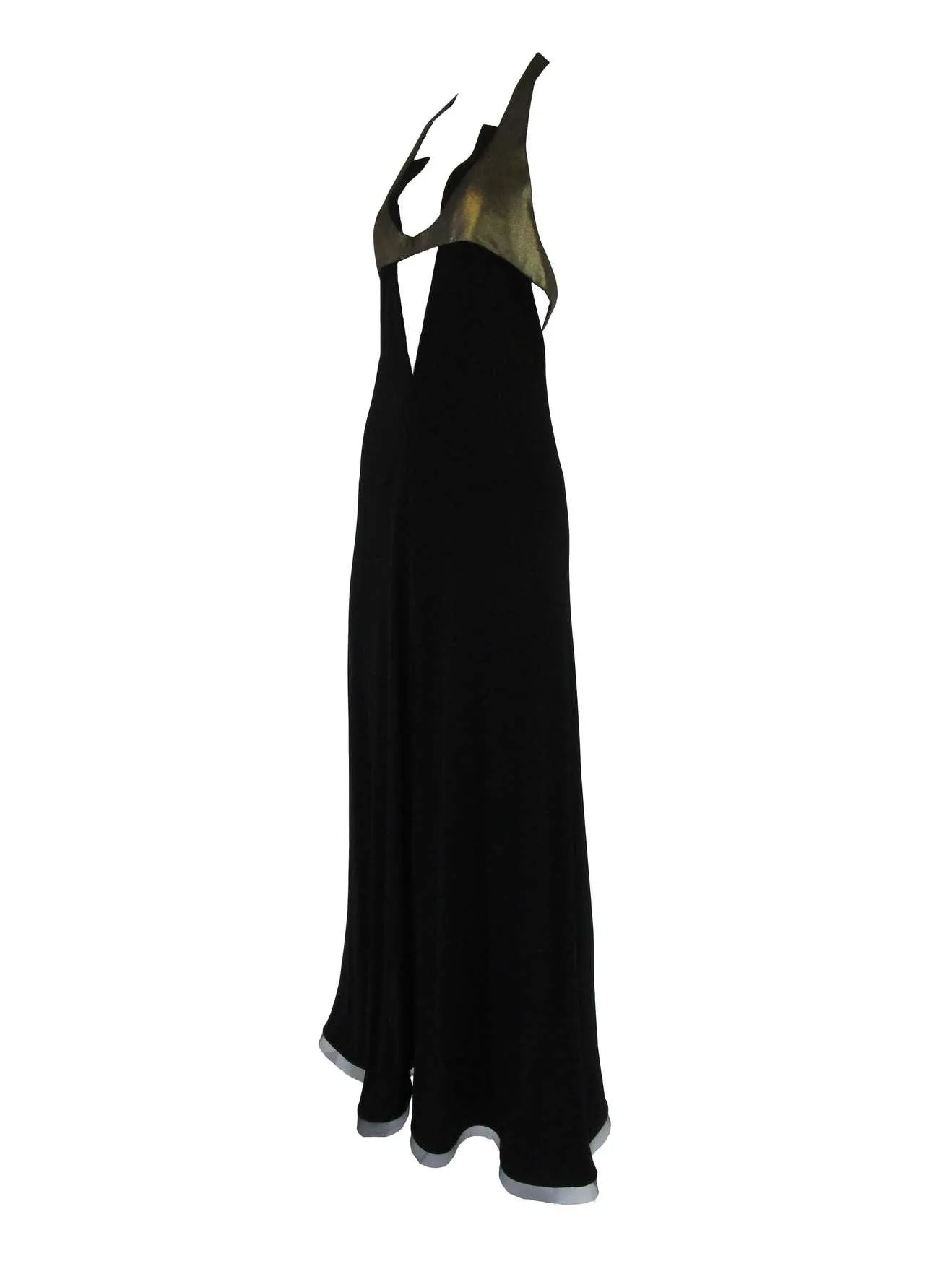 1980s Geoffrey Beene Silk Knit Gold and Black Halter Evening Dress