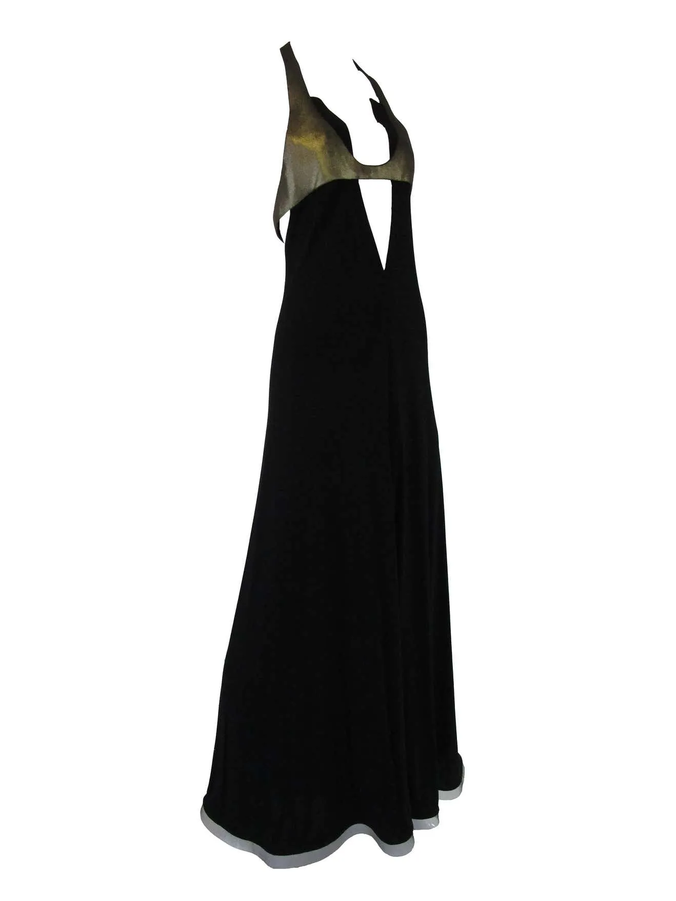 1980s Geoffrey Beene Silk Knit Gold and Black Halter Evening Dress