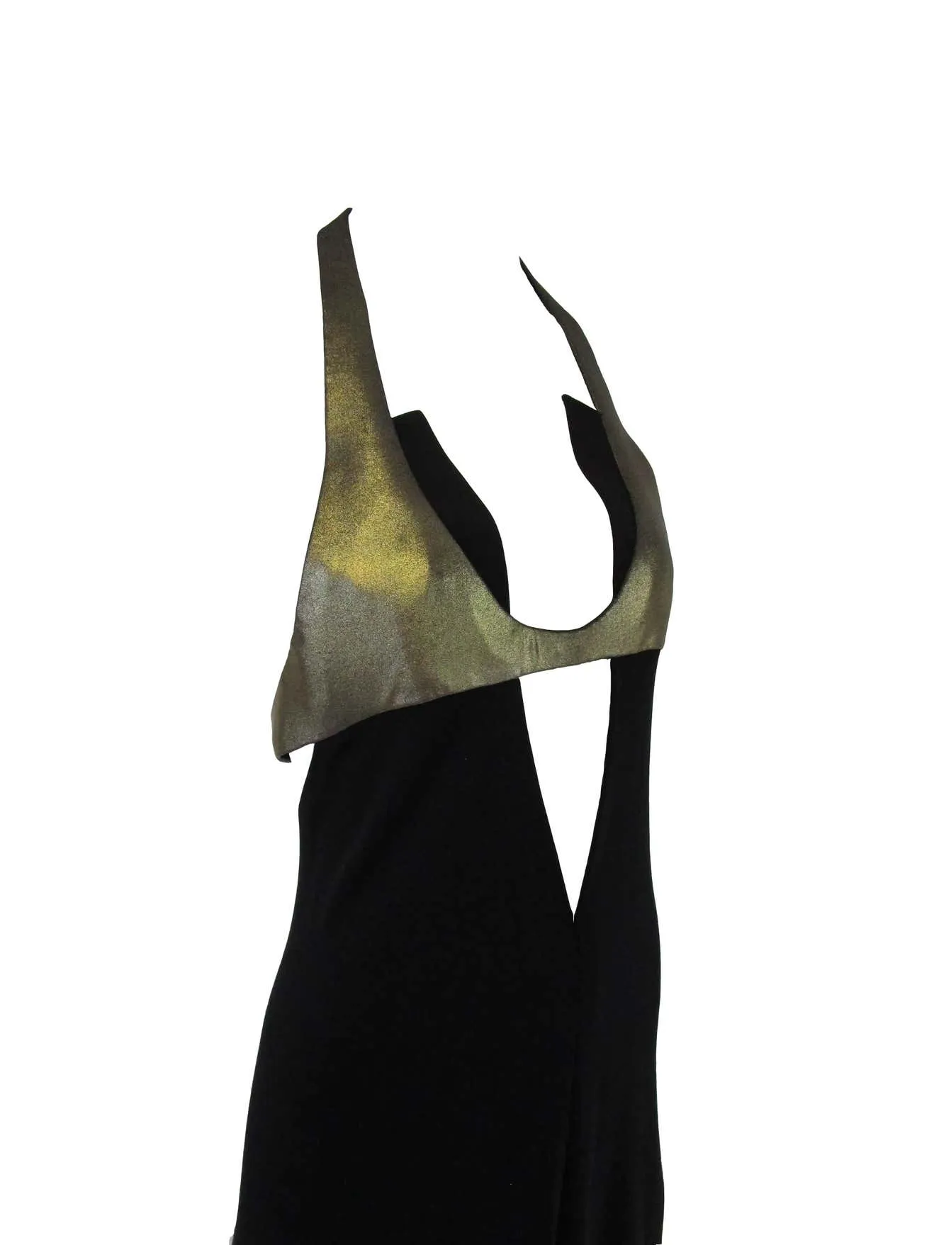 1980s Geoffrey Beene Silk Knit Gold and Black Halter Evening Dress