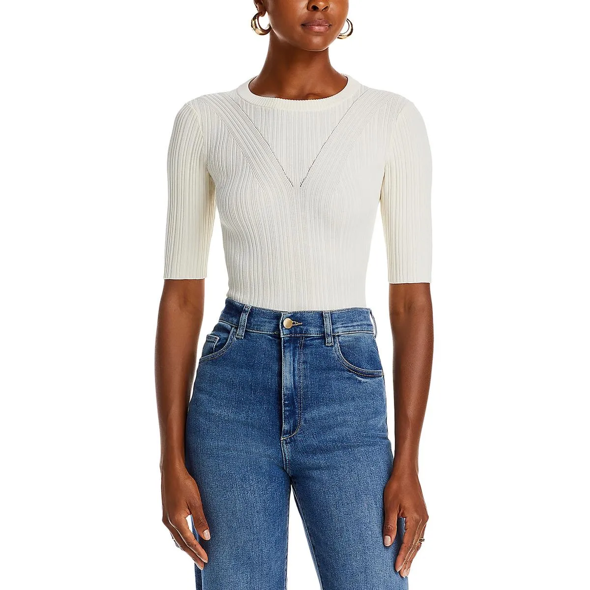 7 For All Mankind Womens Ribbed Three Quarter Sleeve Pullover Top