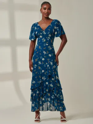 Angel Sleeve Tiered Hem Maxi Dress, Teal Floral