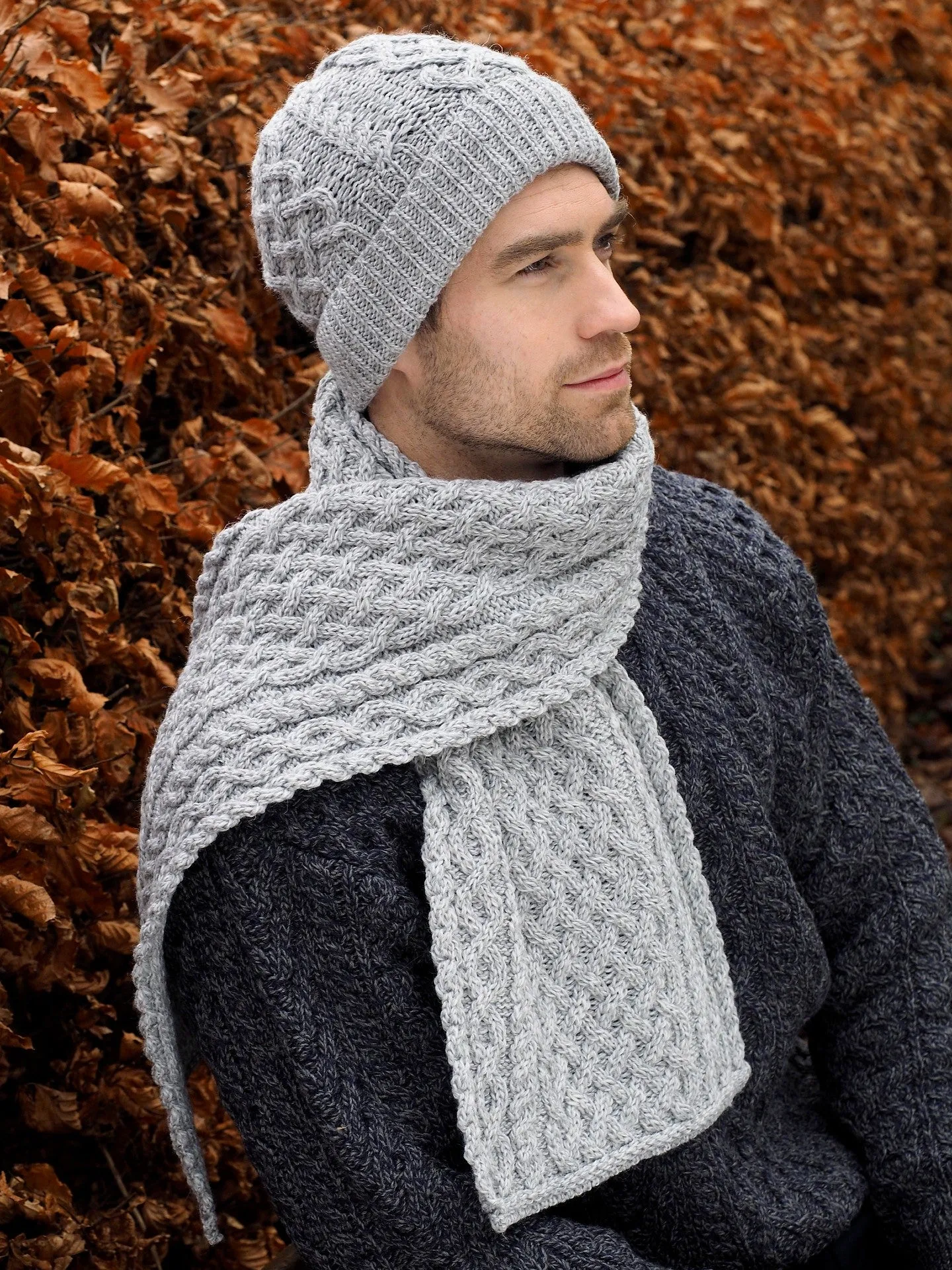 Aran Trellis Hat&Scarf Set-Grey