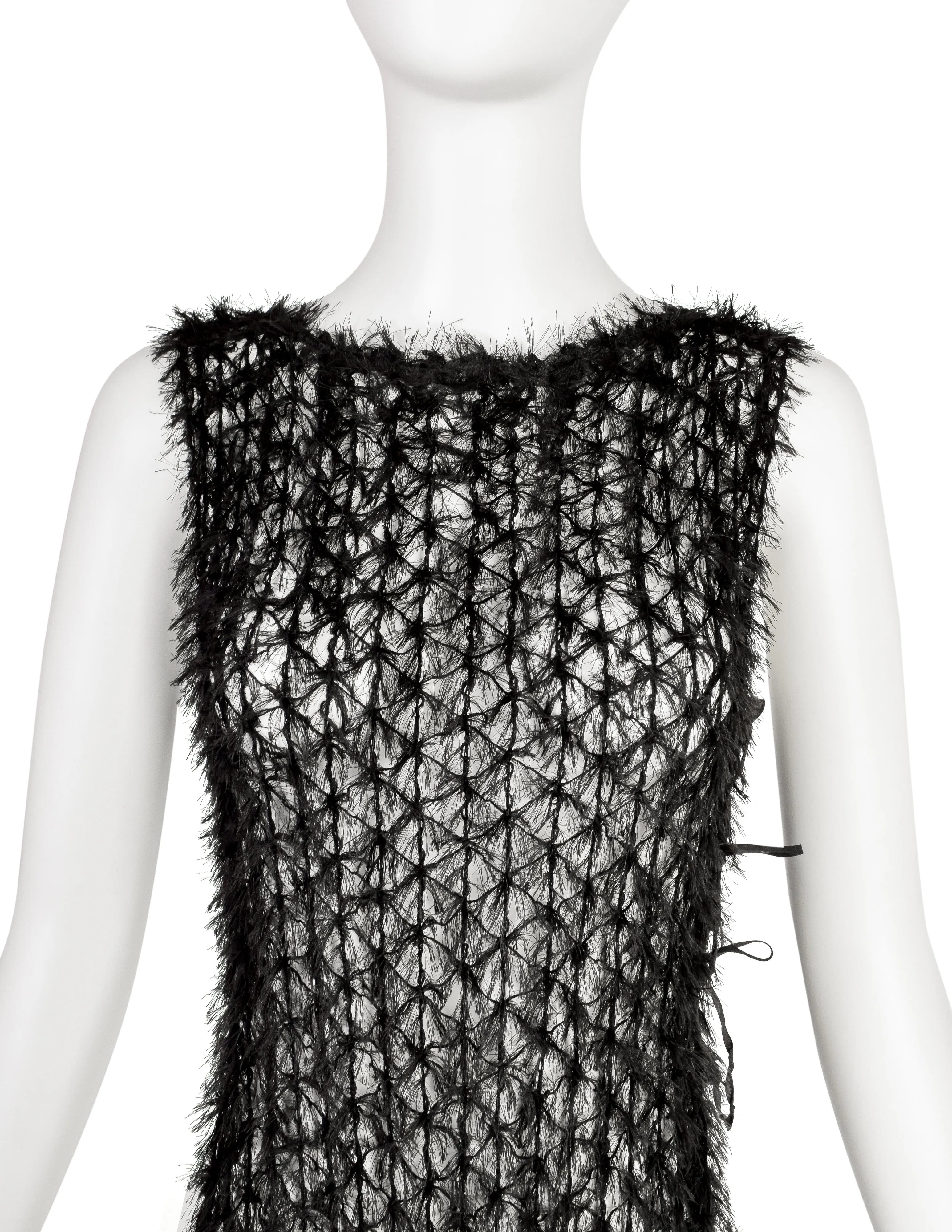 Berit Steffin Vintage 1990s Black Intricate Web Knit Fringe Open Side Vest Dress