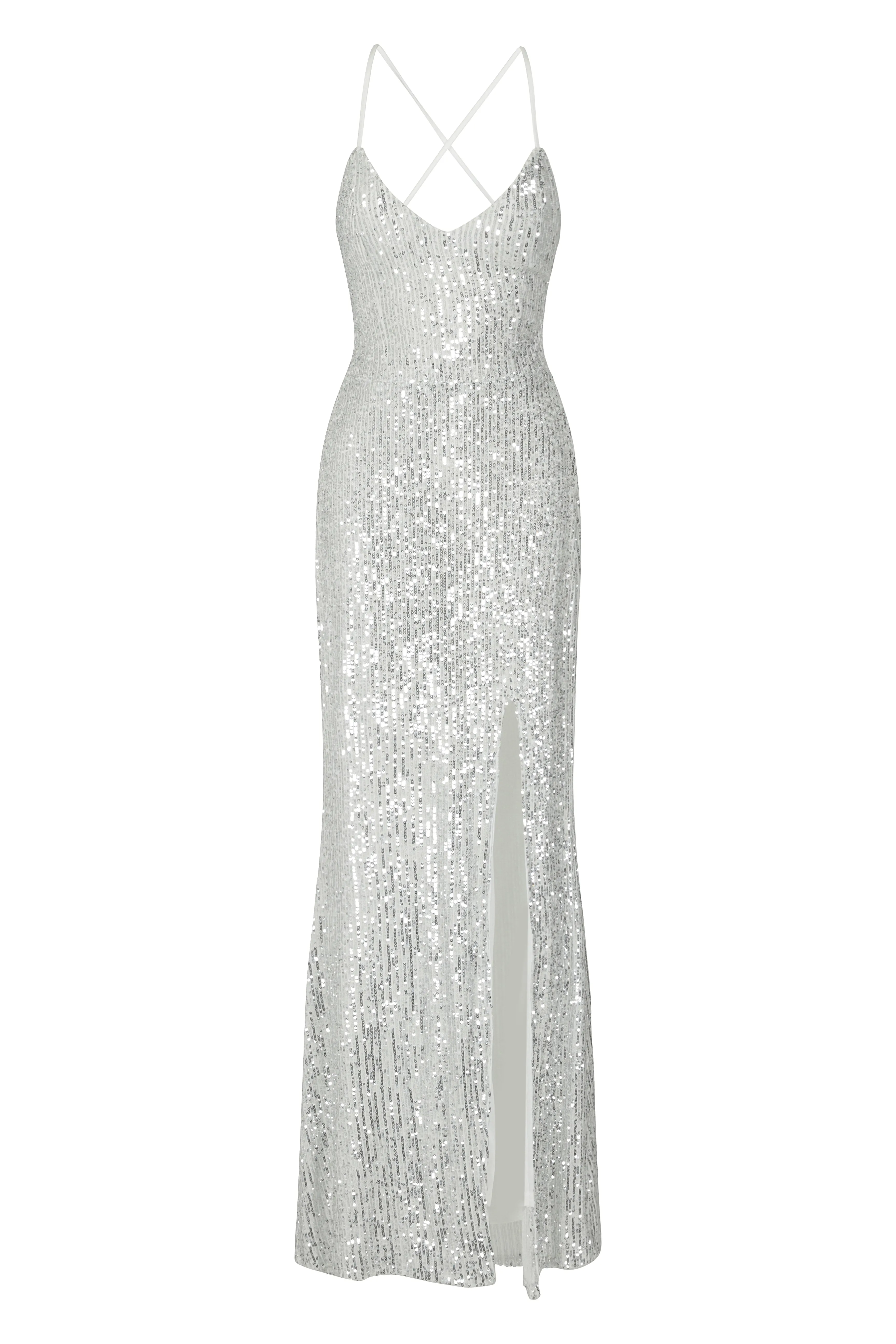 Big Dreams Silver Tie Back Sequin Plunge Slit Maxi Dress