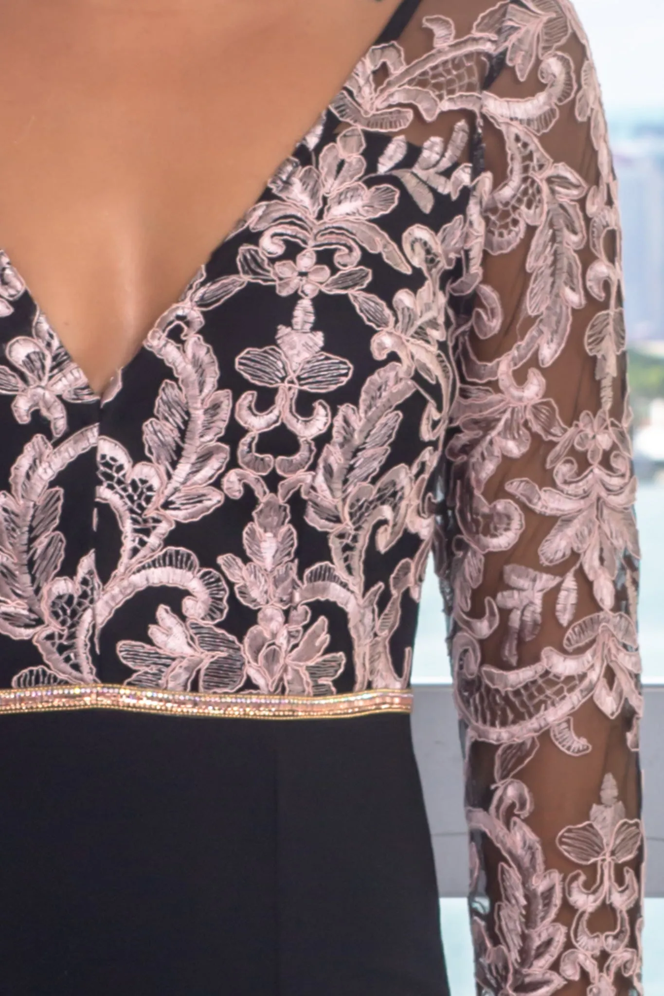 Black and Mauve Embroidered Maxi Dress with Jewel Detail