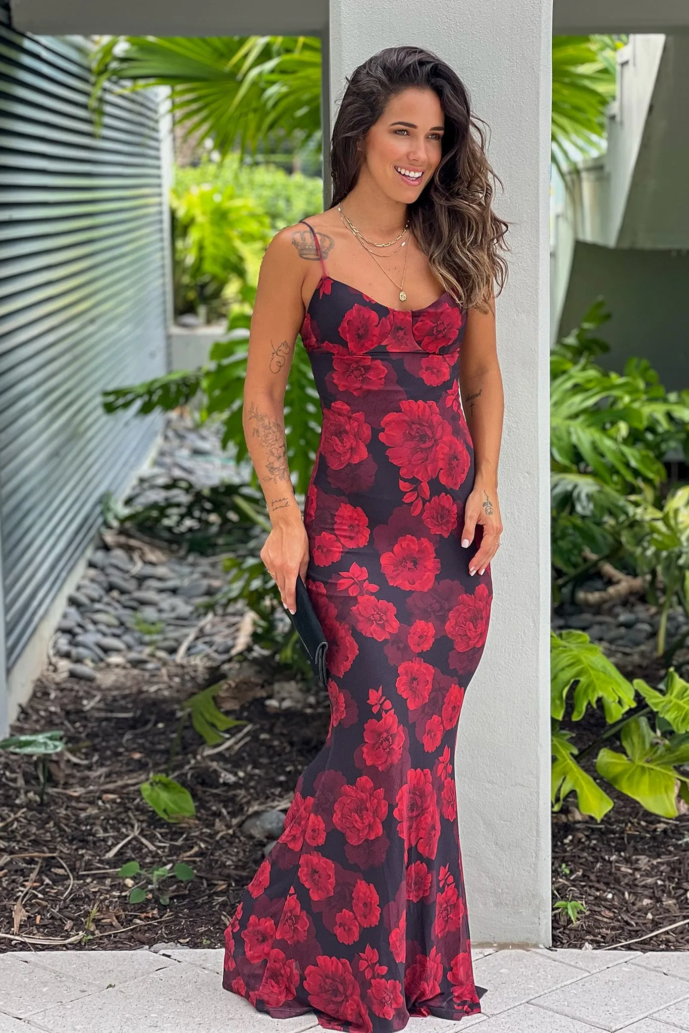 Black And Red Floral Mesh Maxi Dress