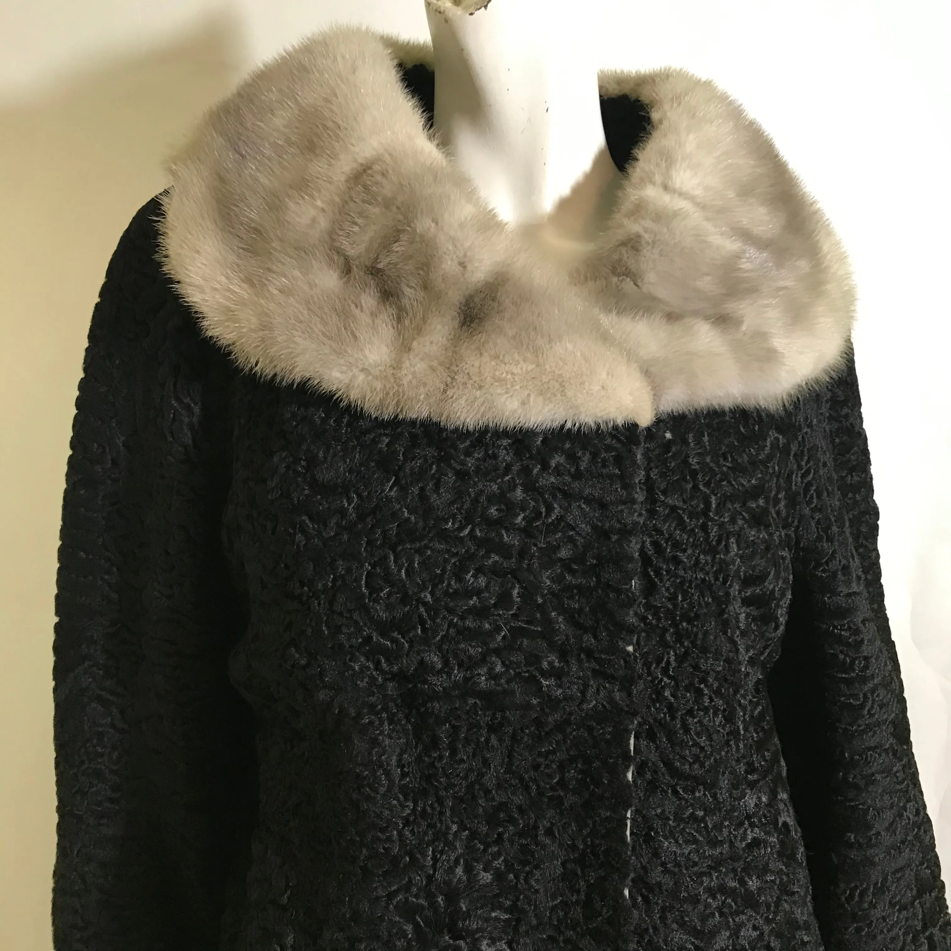 Black Persian Lamb Mink Trimmed Coat circa 1960s