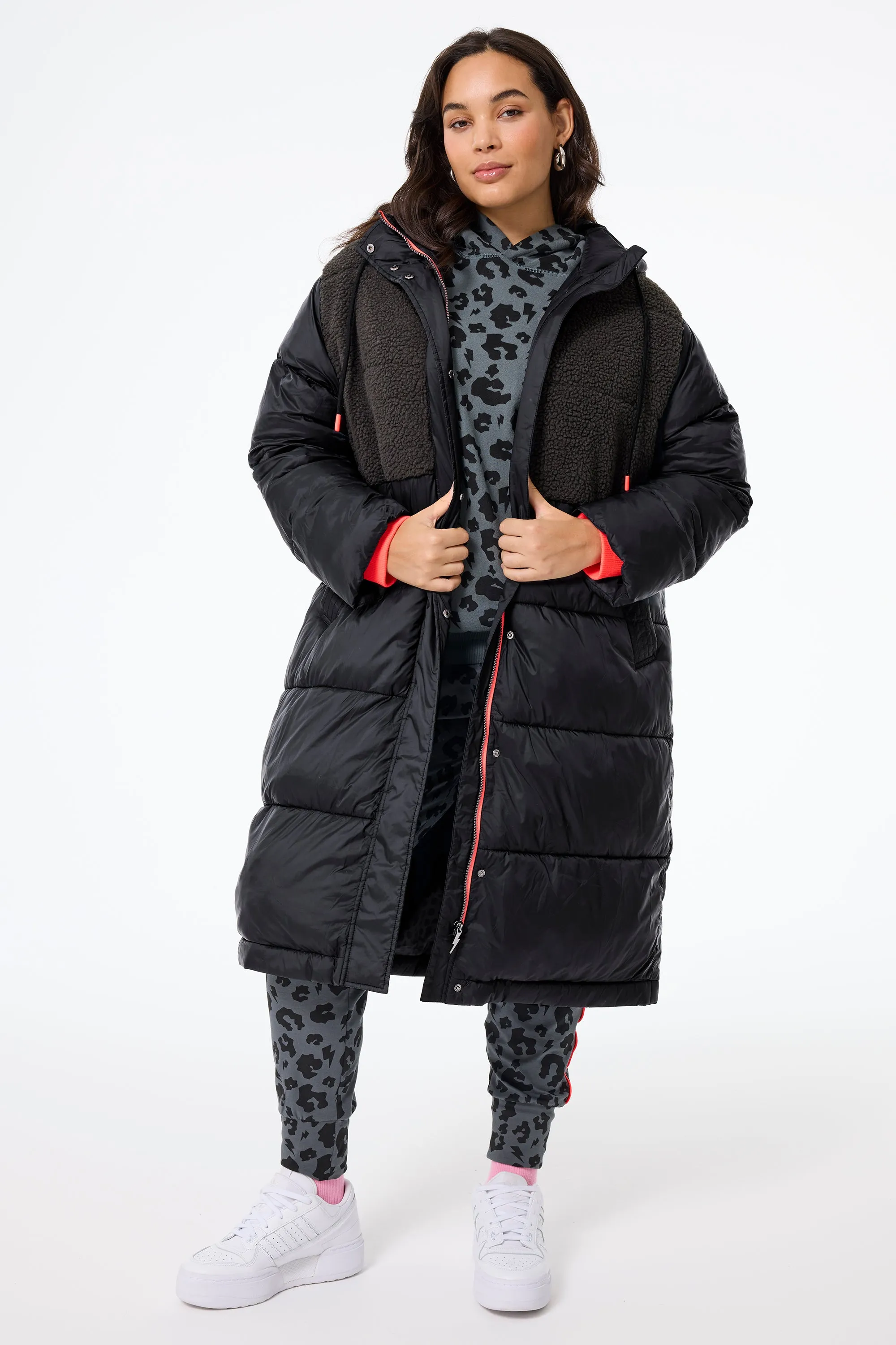 Black Quilted with Borg Longline Puffer Coat