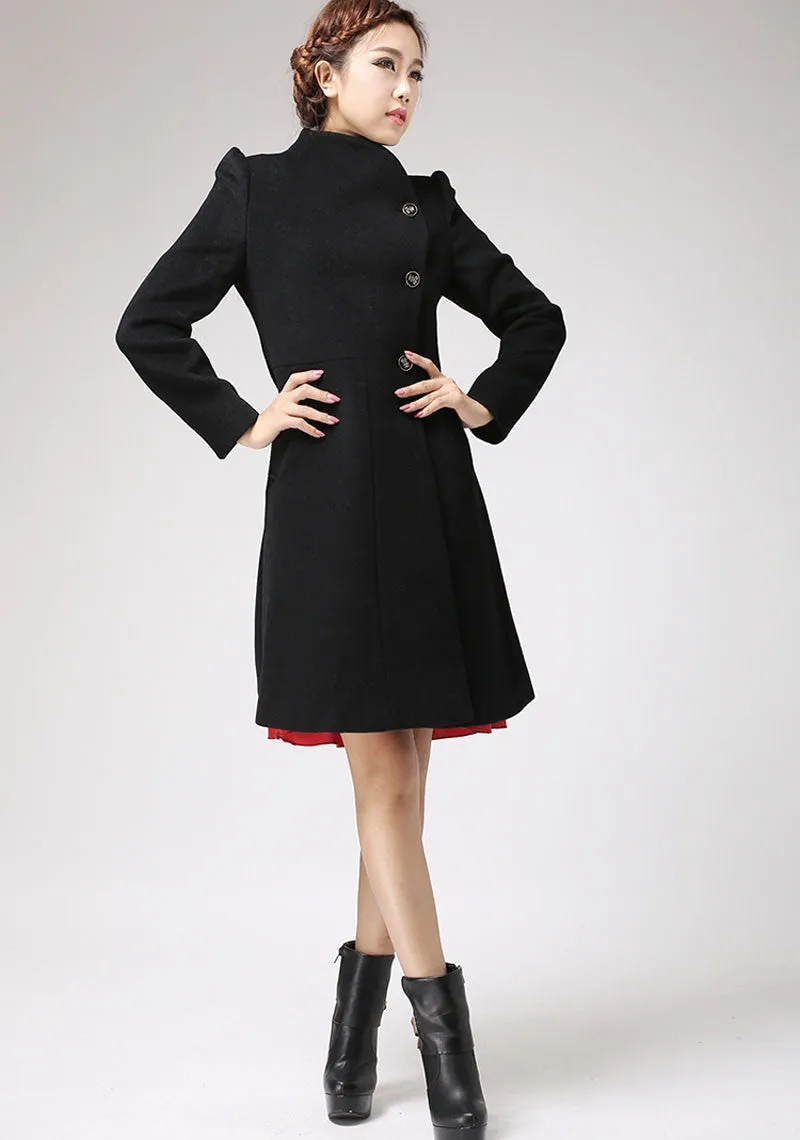 Black Winter Coat with Asymmetric Button Closure - Luxury Cashmere Wool Classical Jacket 715#