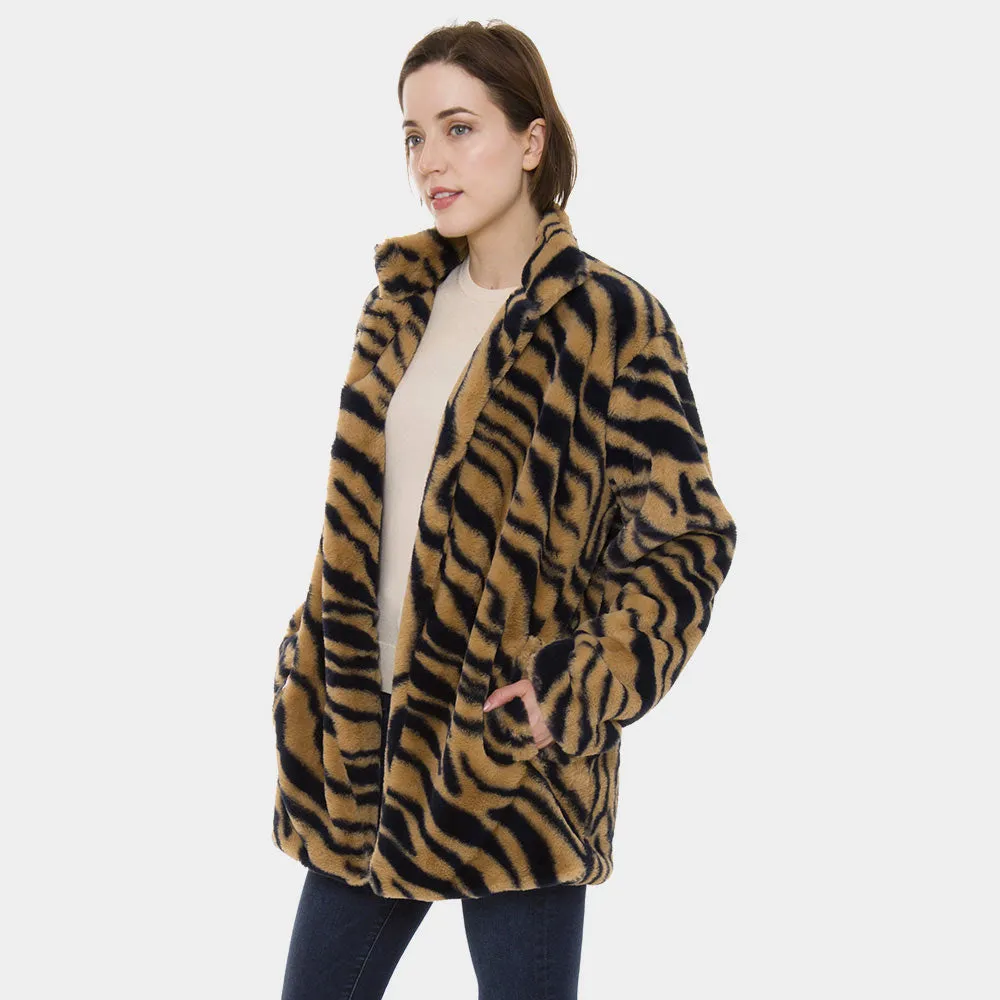 Brown and Black Tiger Zebra Print Faux Fur Zip Up Jacket