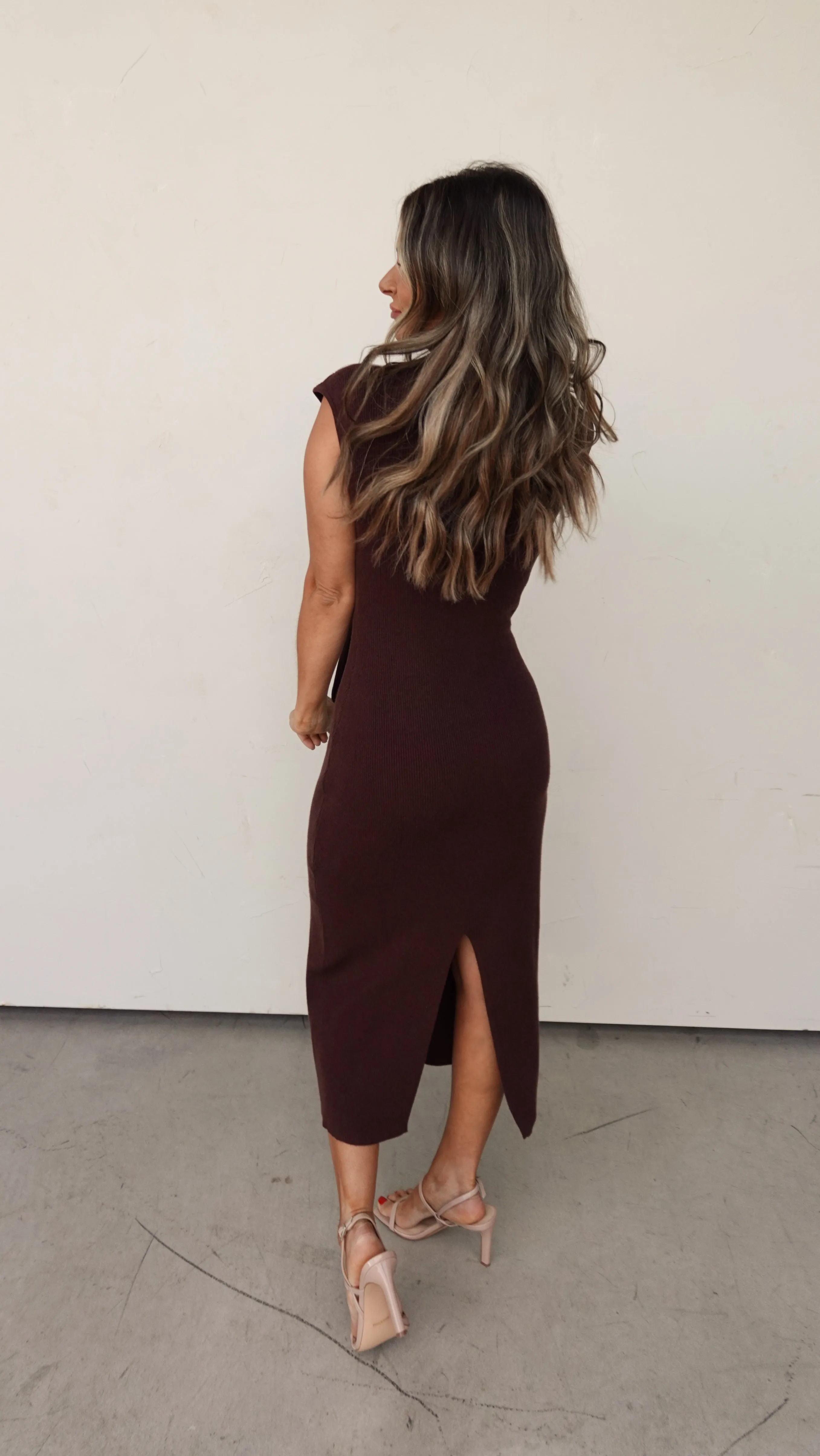 Brown Knit Midi Dress with Chest Tie