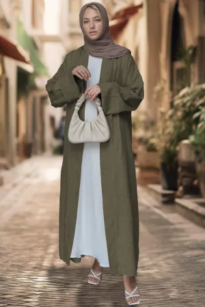 Brown Lounia maxi throw over abaya in light linen fabric with a detachable belt