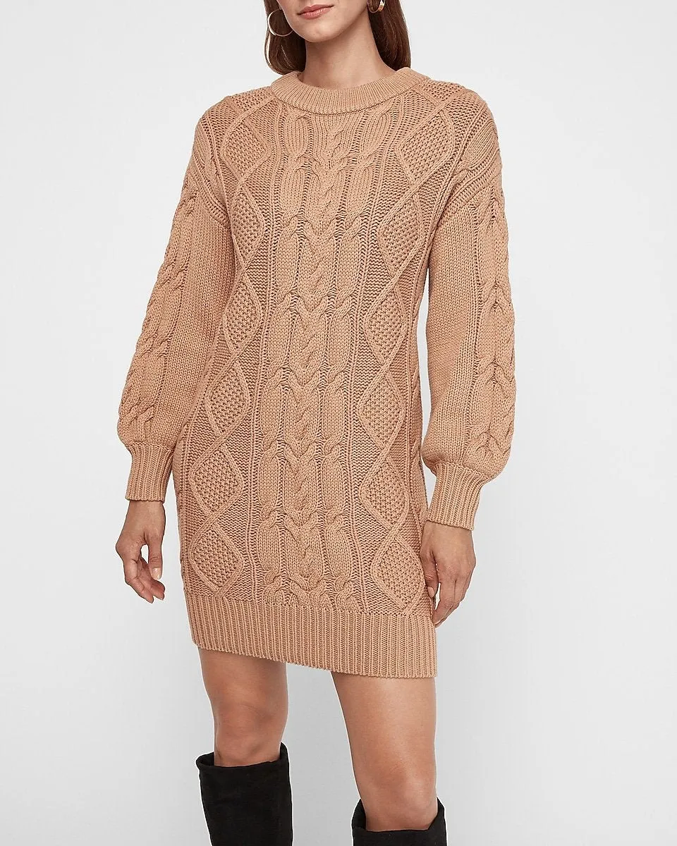 Cable Knit Shift Sweater Dress in Pecan