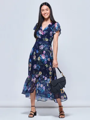 Carleigh Printed Mesh Tiered Maxi Dress, Navy Floral