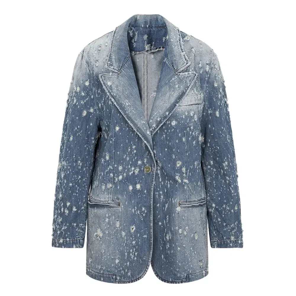 Casual Denim Blazers For Women Notched Collar Long Sleeve Patchwork Button Chic Temperament Blazer Female Fashion