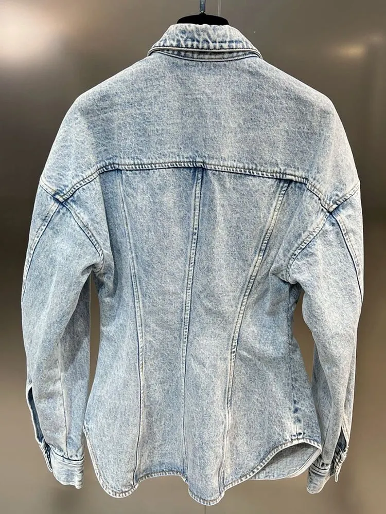 Casual Denim Jacker For Women Lapel Long Sleeve Solid Minimalist Gathered Waist Solid Jackets Female Autumn Clothes