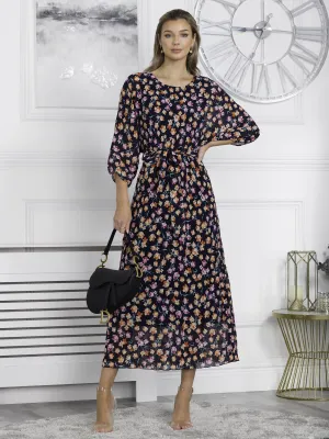 Chiffon Pleated Batwing Sleeve Maxi Dress, Navy Floral