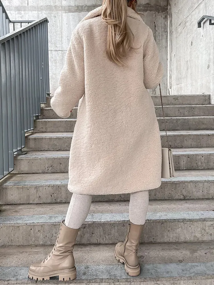 Coats Lapel Single Breasted Long Sleeve Plush Long Coat for Women