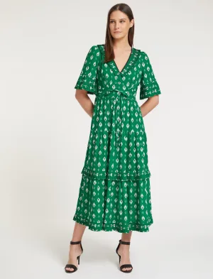 Cordelia Cotton Maxi Dress - Green Ikat Print