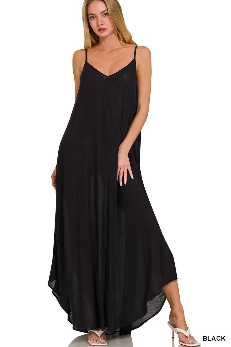 Crinkle Cami Maxi Pocket Dress - Black