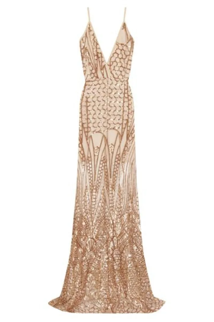 Daphne Gold Sheer Luxe Sequin Slit Maxi Dress