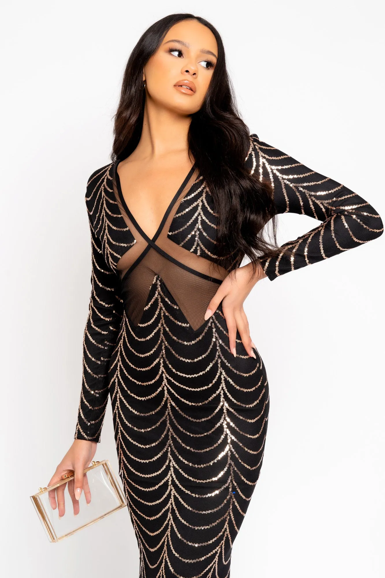 Darkest Secret Black Rose Gold Luxe VIP Embellished Illusion Sheer Mesh Long Sleeve Mermaid Maxi Dress