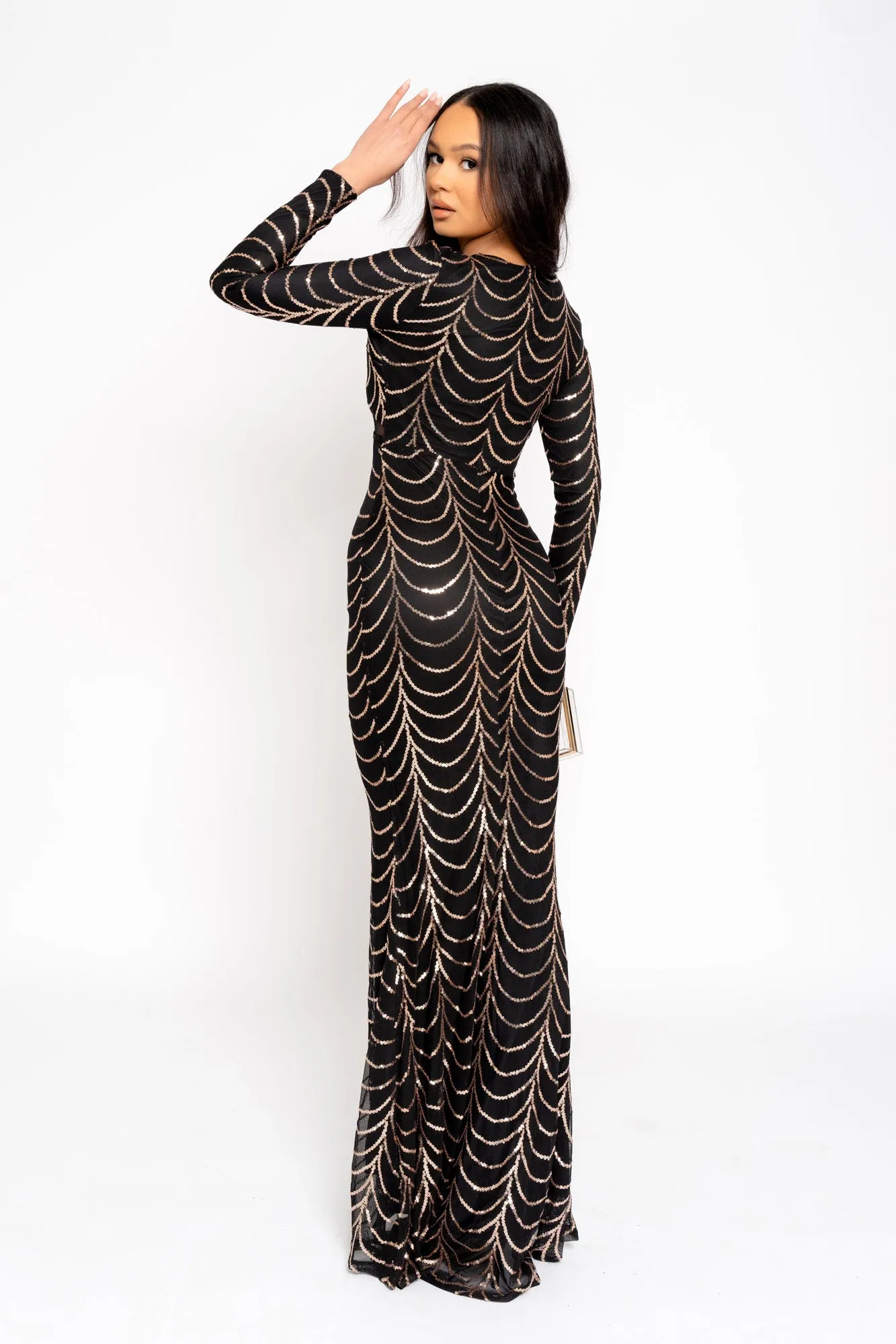 Darkest Secret Black Rose Gold Luxe VIP Embellished Illusion Sheer Mesh Long Sleeve Mermaid Maxi Dress