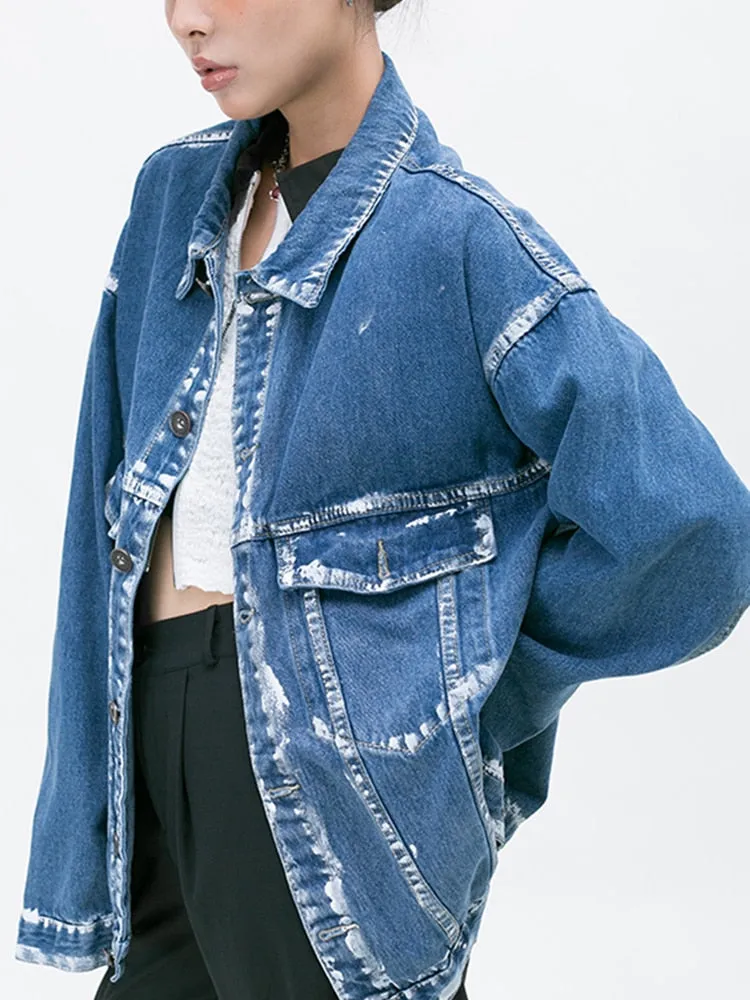 Denim Patchwork Single Breasted Jackets For Women Lapel Long Sleeve Casual Loose Jacket Female Fashion Clothing