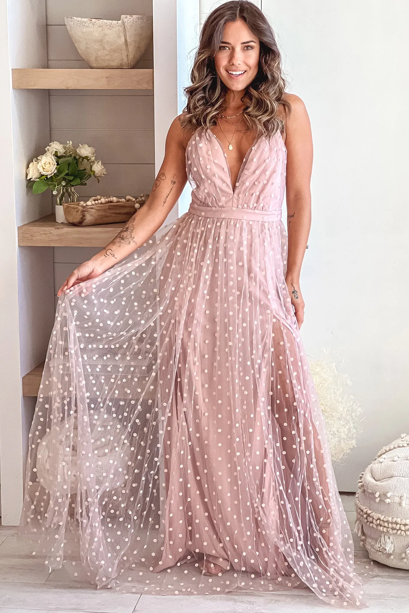 Dusty Pink Polka Dot Mesh Maxi Dress