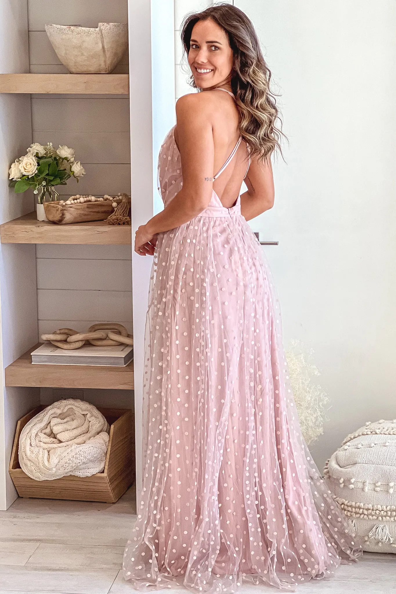 Dusty Pink Polka Dot Mesh Maxi Dress