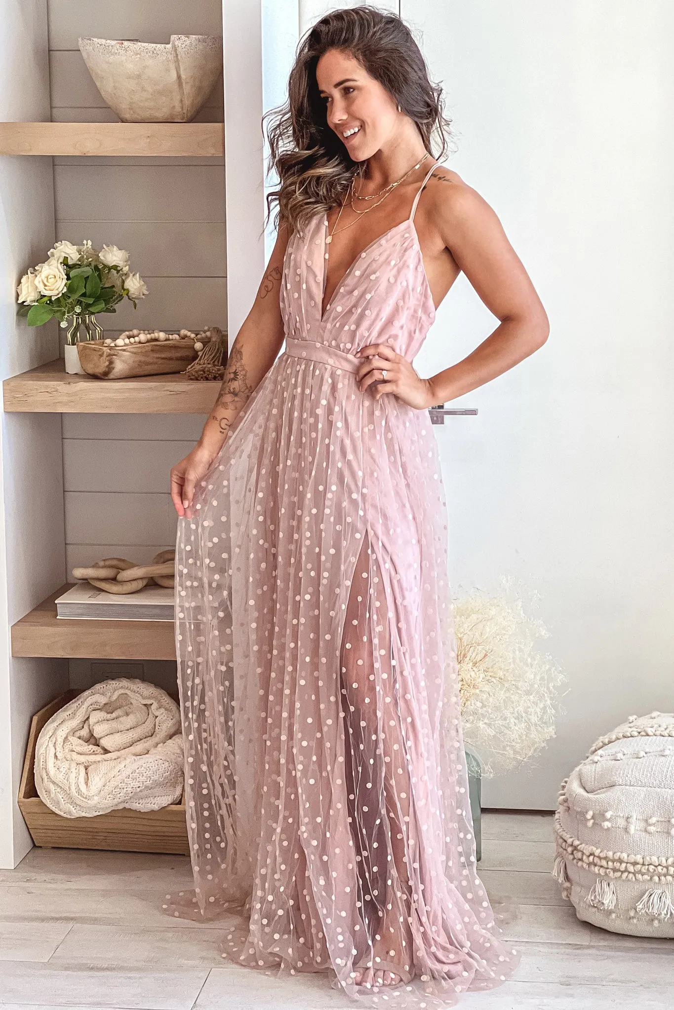 Dusty Pink Polka Dot Mesh Maxi Dress