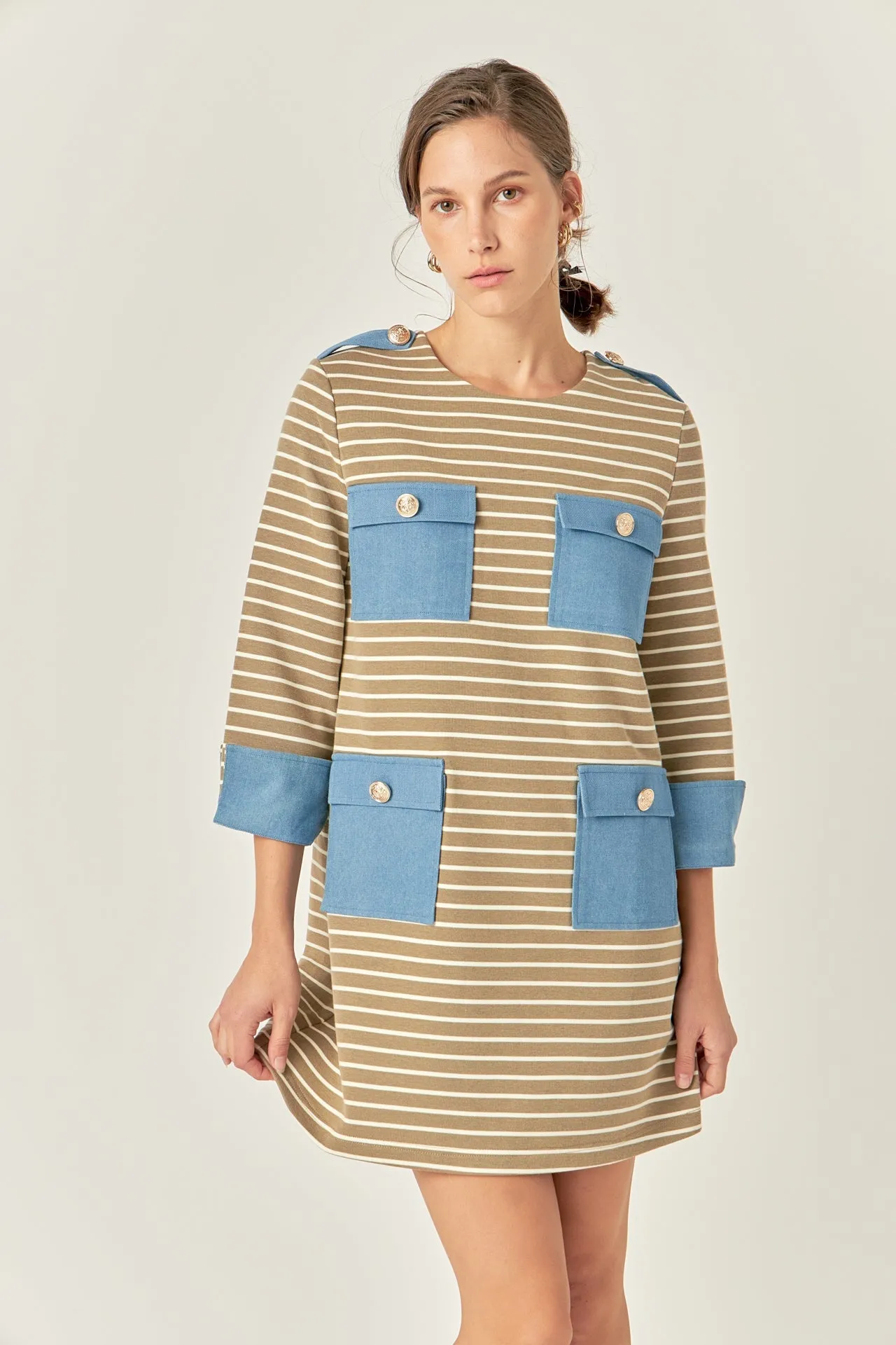 English Factory - Striped Jersey Knit Dress With Denim Pockets