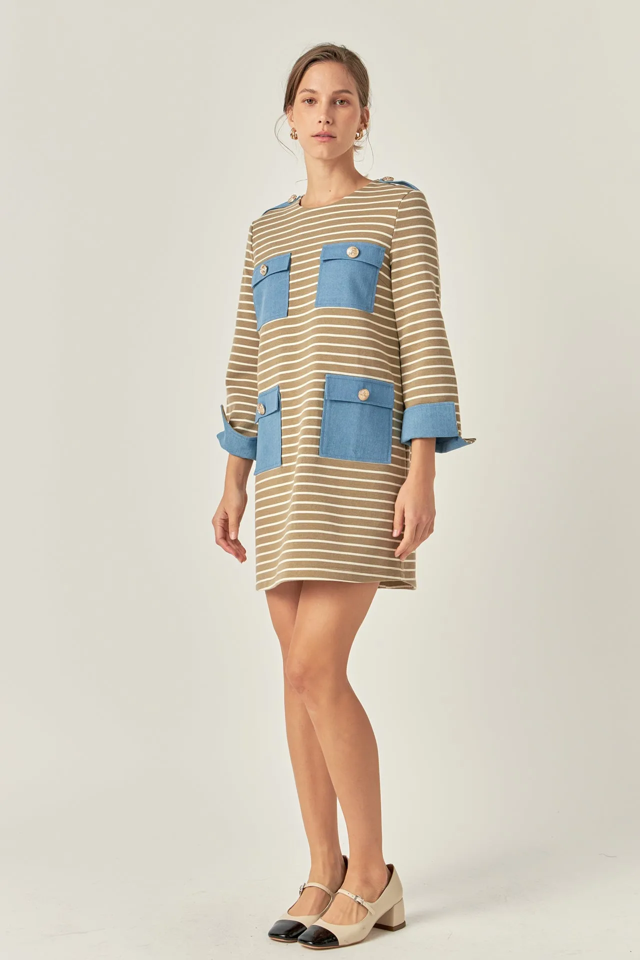 English Factory - Striped Jersey Knit Dress With Denim Pockets