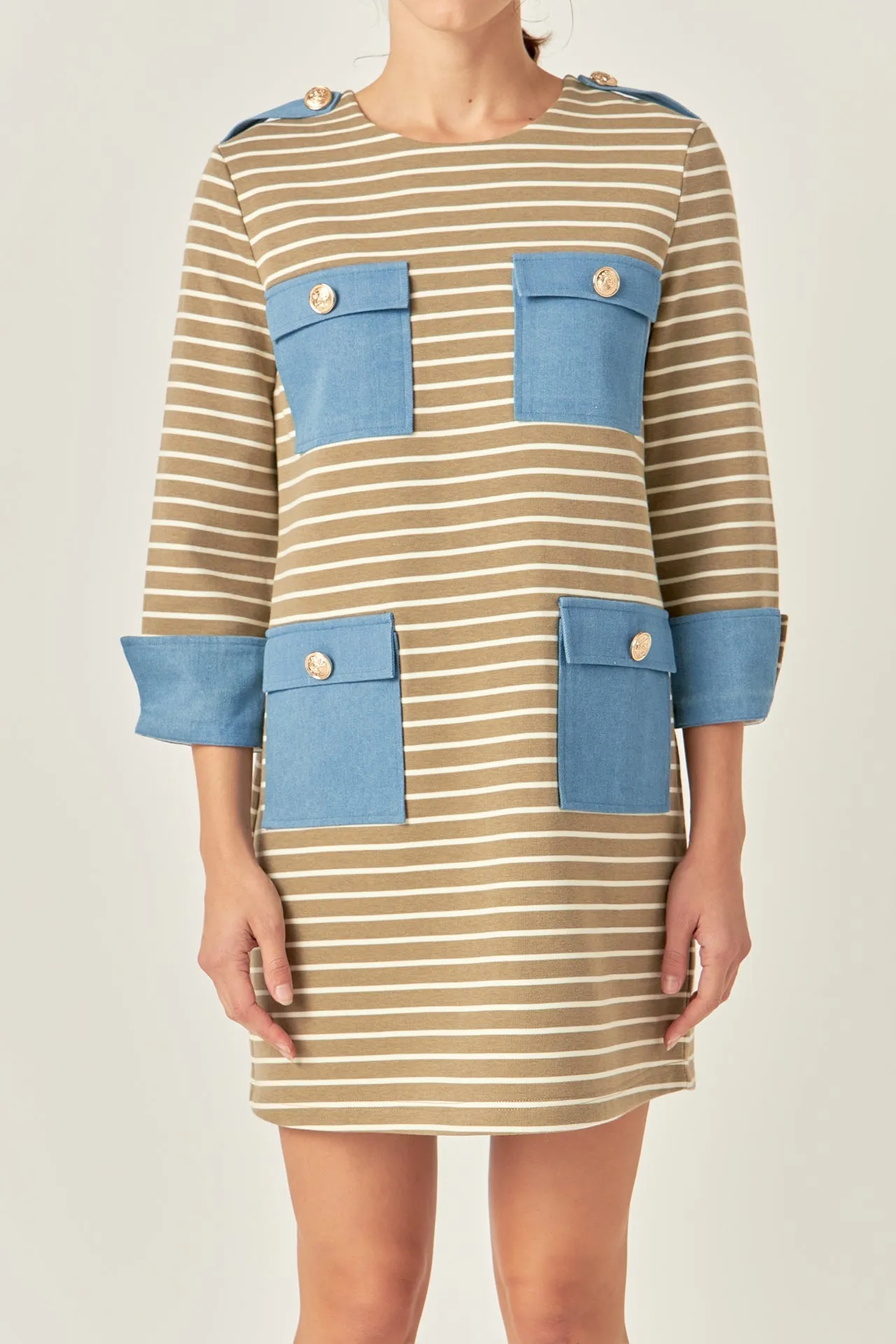 English Factory - Striped Jersey Knit Dress With Denim Pockets