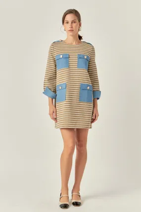 English Factory - Striped Jersey Knit Dress With Denim Pockets