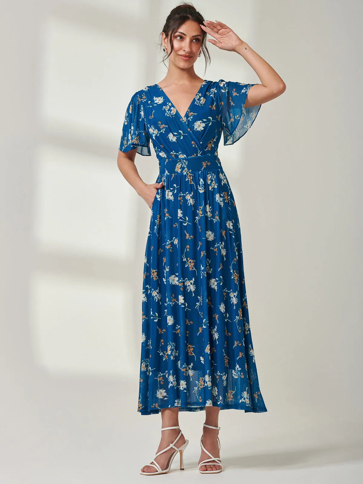 Evelyn Angel Sleeve Mesh Maxi Dress, Teal Floral