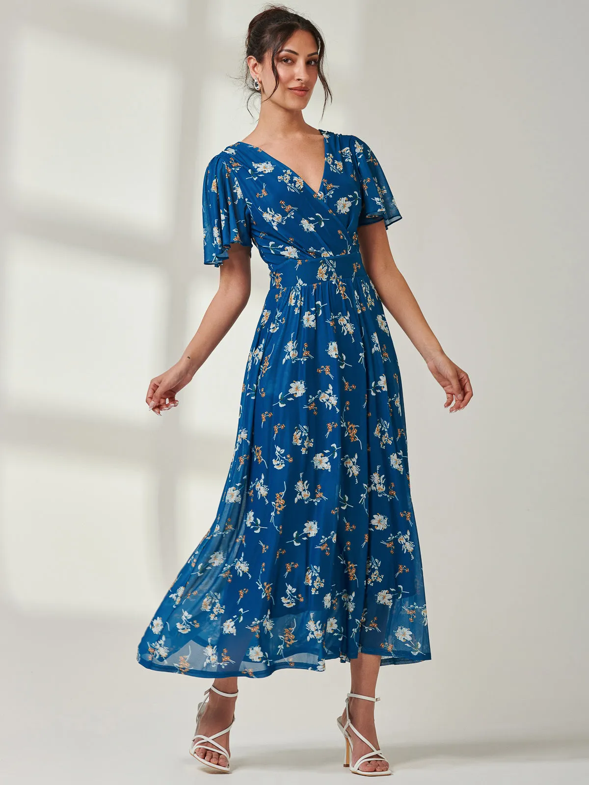 Evelyn Angel Sleeve Mesh Maxi Dress, Teal Floral