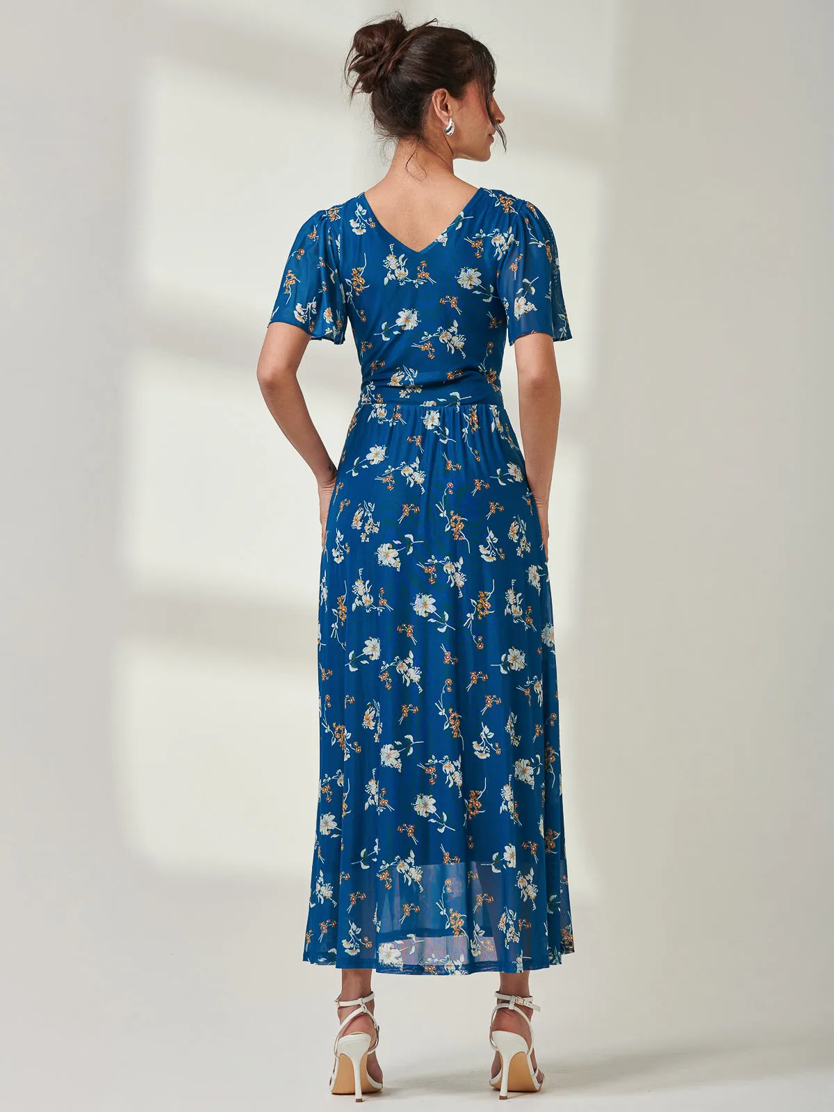 Evelyn Angel Sleeve Mesh Maxi Dress, Teal Floral