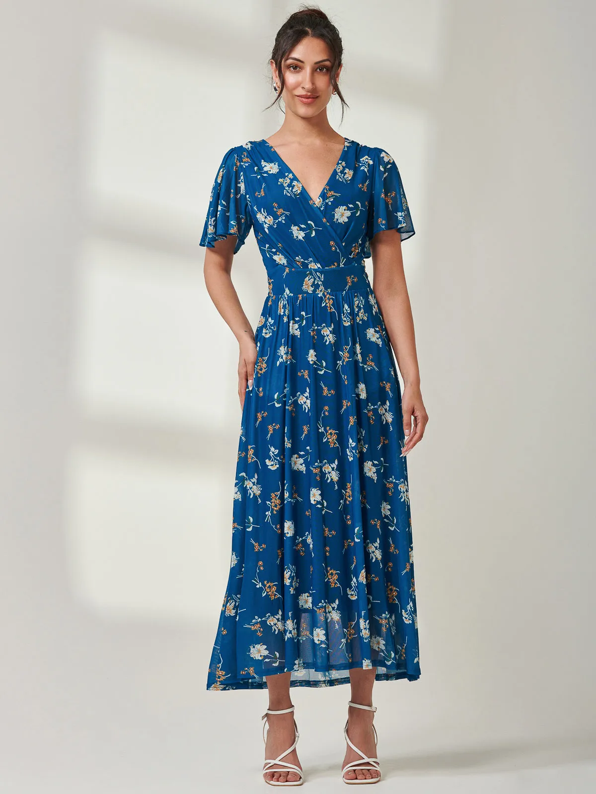 Evelyn Angel Sleeve Mesh Maxi Dress, Teal Floral