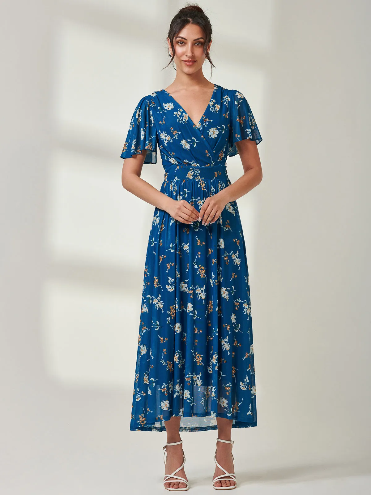 Evelyn Angel Sleeve Mesh Maxi Dress, Teal Floral