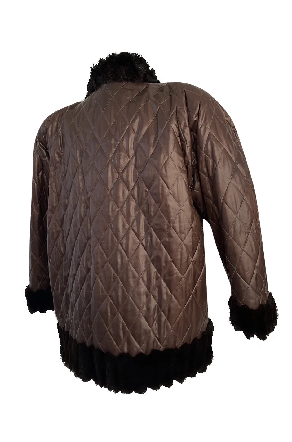 Fabulous 1980s Yves Saint Laurent Oversized Metallic Bronze Quilted & Fur Trimmed Jacket