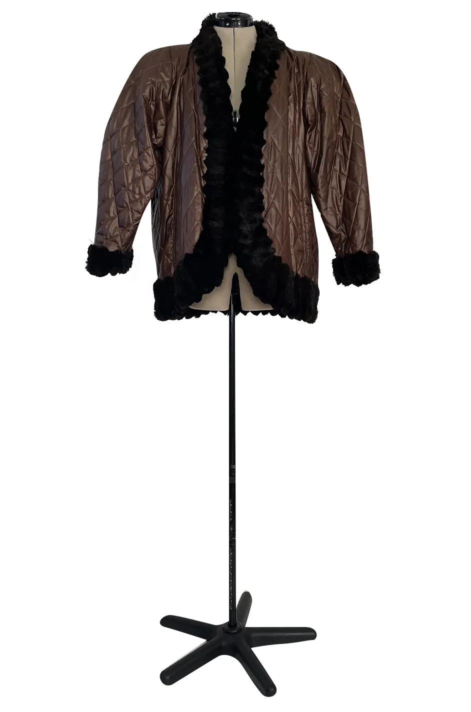 Fabulous 1980s Yves Saint Laurent Oversized Metallic Bronze Quilted & Fur Trimmed Jacket