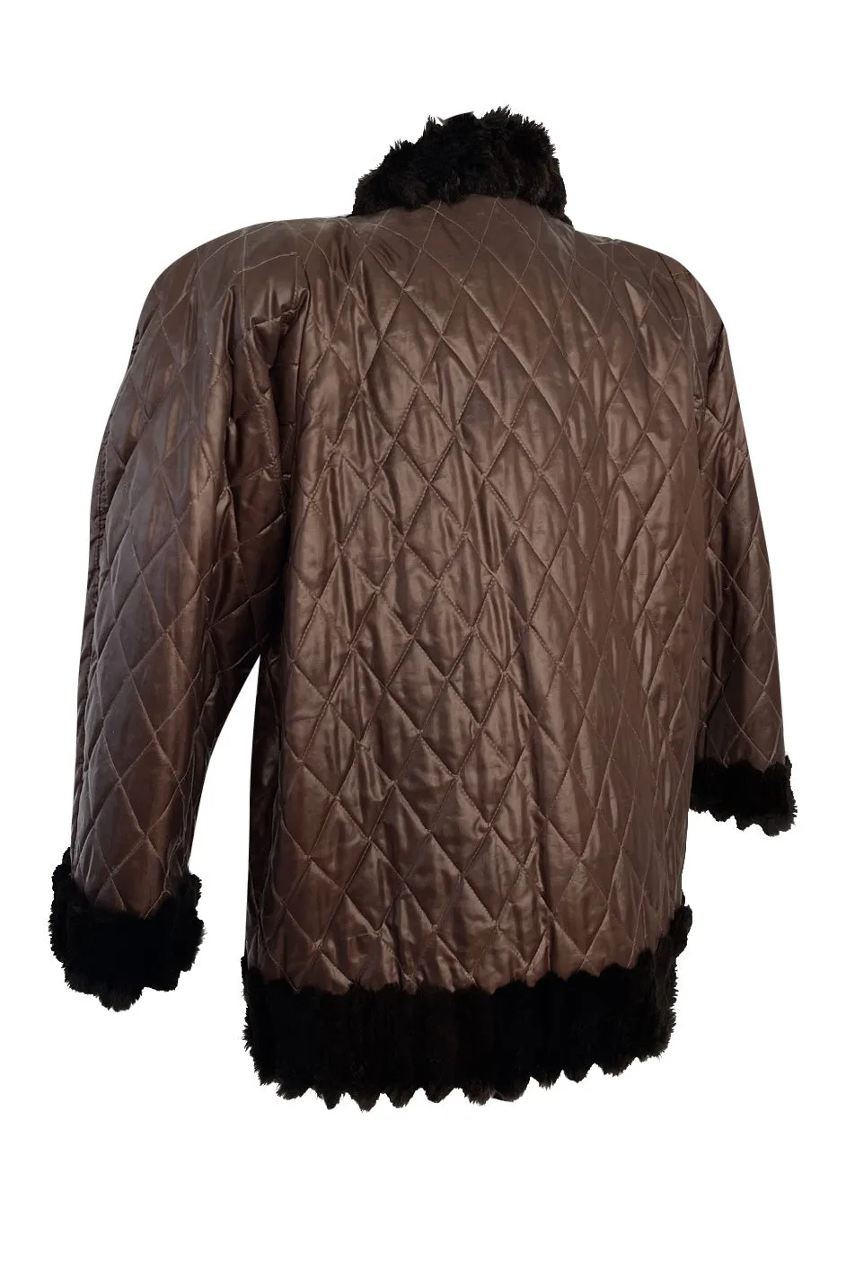 Fabulous 1980s Yves Saint Laurent Oversized Metallic Bronze Quilted & Fur Trimmed Jacket