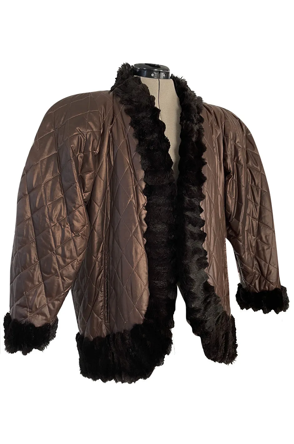 Fabulous 1980s Yves Saint Laurent Oversized Metallic Bronze Quilted & Fur Trimmed Jacket